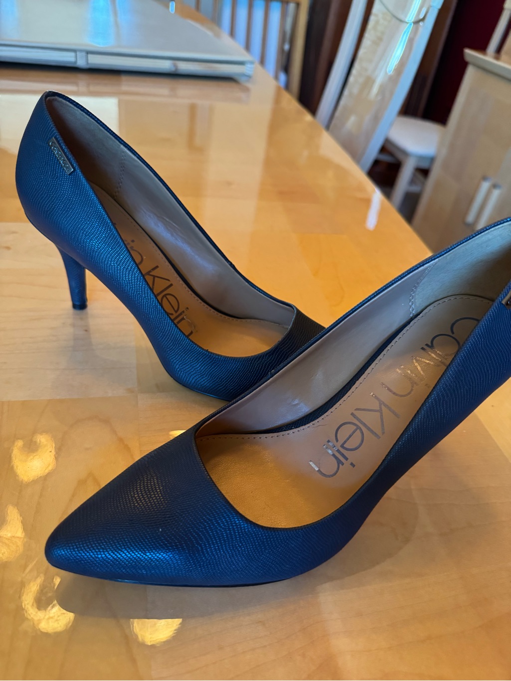 Calvin Klein Navy Textured Pointed-Toe Pumps